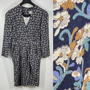 Karin Stevens Floral Dress Rayon Lace Trim Pockets Petite 14 Career Party Boho